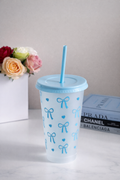 Blue bow Transparent plastic cup with lid & straw