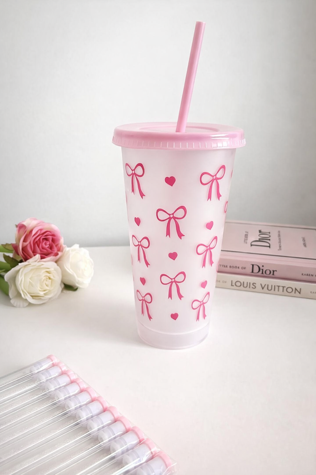 Pink bow transparent reusable cup with lid & straw